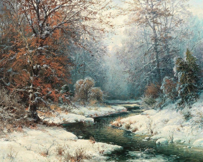 Antique Winter River Landscape Painting Giclee Print on Fine Art Paper