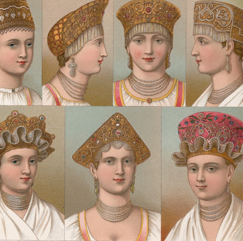 RUSSIAN BRIDAL HEADDRESSES – Traditional Kokoshniks Racinet 1888 Antique Print
