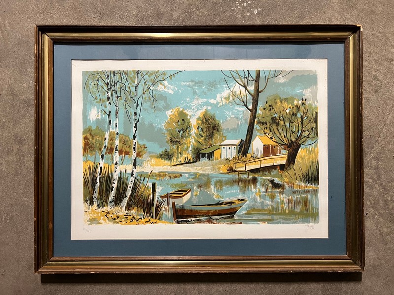 Jacques Dolle Signed & Numbered (111/245) Lithograph – Pond Scene with Row Boats