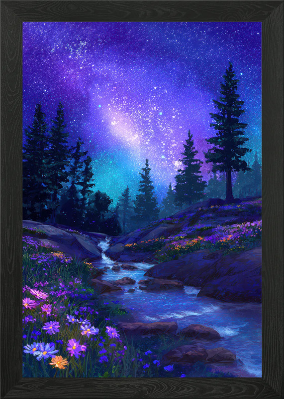 Night Sky River Landscape Painting Framed Wall Art Poster Canvas Print Picture