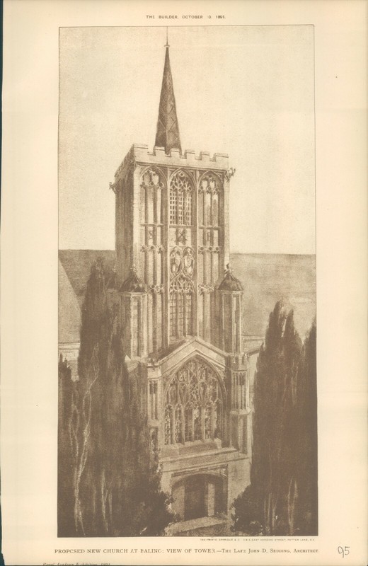 Antique Architects print proposed New church Ealing View of tower 1891