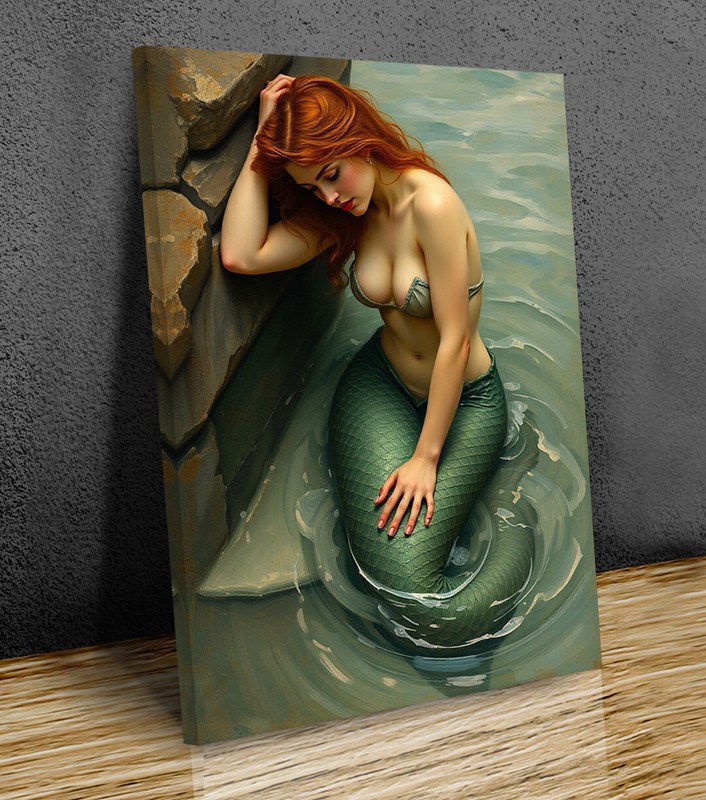 Beautiful Mermaid Red Hair Relaxing art mounted canvas print