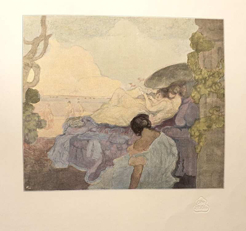 CHARLES CONDER – ELEGANT LADIES AT THE BEACH. 1898 IMPRESSIONIST CHROMOLITHO