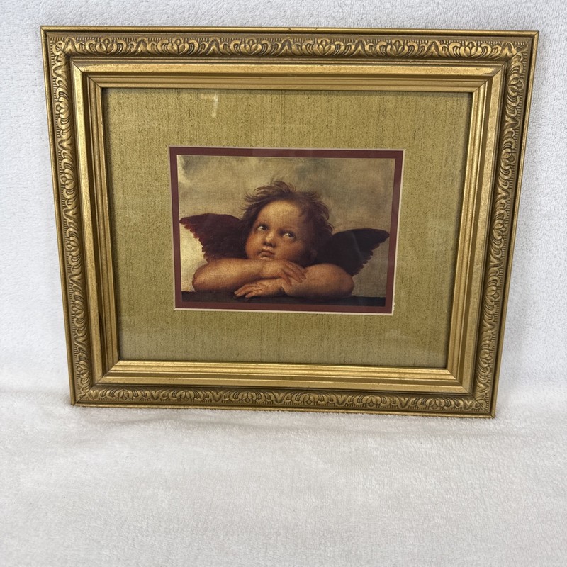 Raphael Sistine Madonnas Cherub Angels Gold Carved Frame Matted Art Print VTG