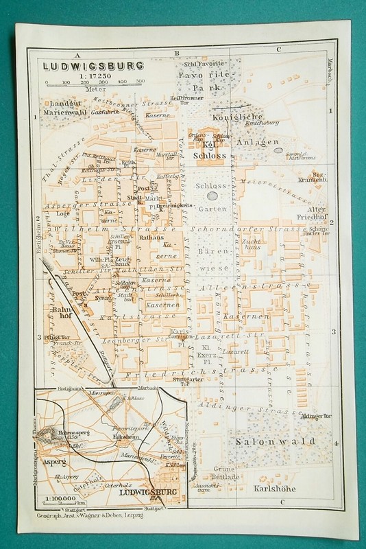 GERMANY Ludwigsburg Town Plan Good for Genealogy Research - 1910 MAP Baedeker