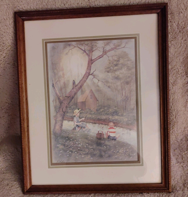 R. Adair ,Framed Matted Signed Illustration Print Children Landscape House Trees
