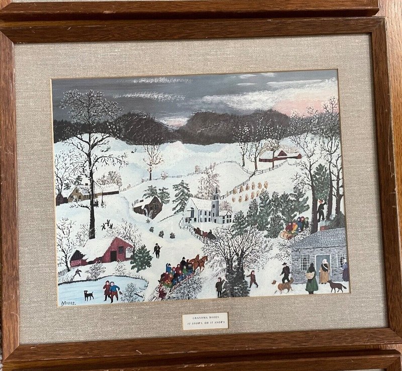 Vintage Grandma Moses lithographic framed folk art prints - set of 3 gallery