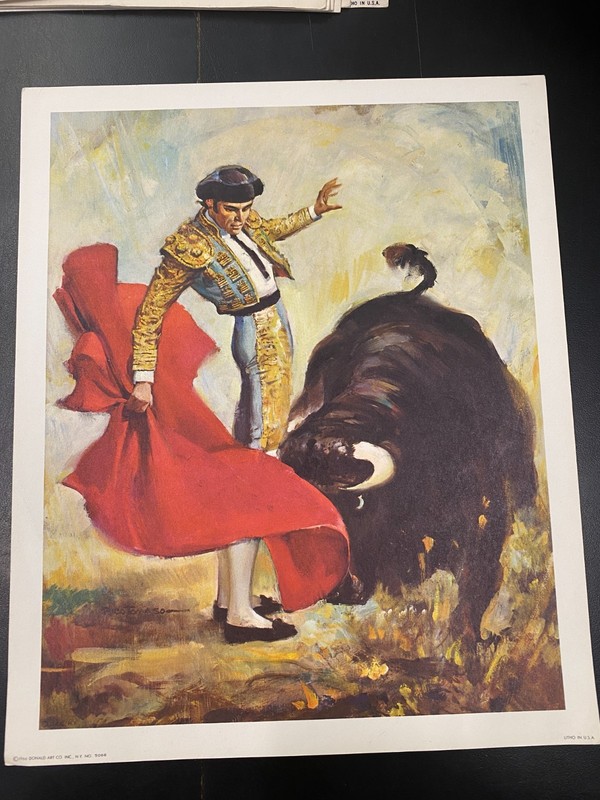 Bullfighter with bull lithograph. Donald Art Company 1966