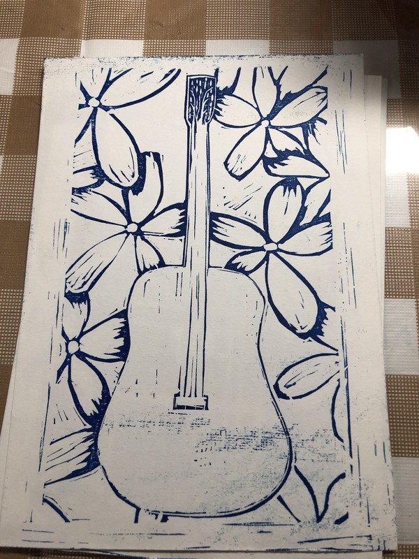5" x 7" Reduction Linocut Print 3 Color Unframed “Guitar I” #4/8 Music Flowers gallery