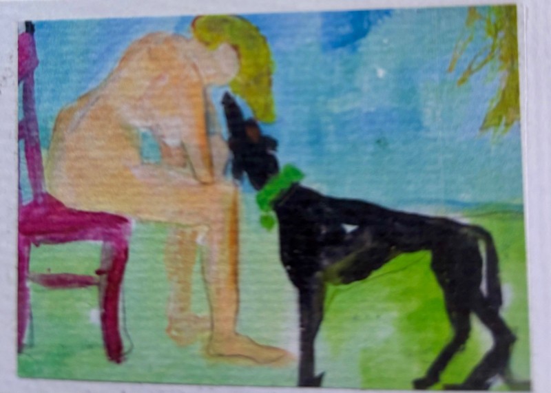 ACEO PRINT Woman and Greyhound Dawg COMPASSION 3.5×2.5 inches Mary Hillier