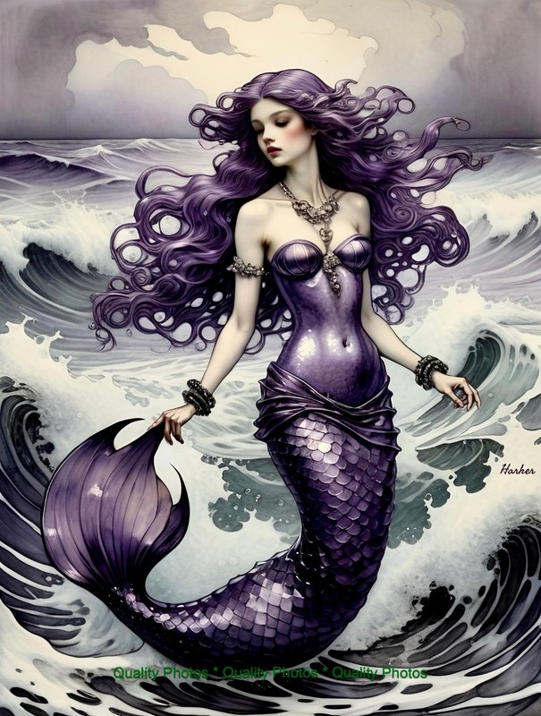 Violet Mermaid Open Waters CLoudy 8.5×11″ Photo Print Style Rackham/ Harker Art