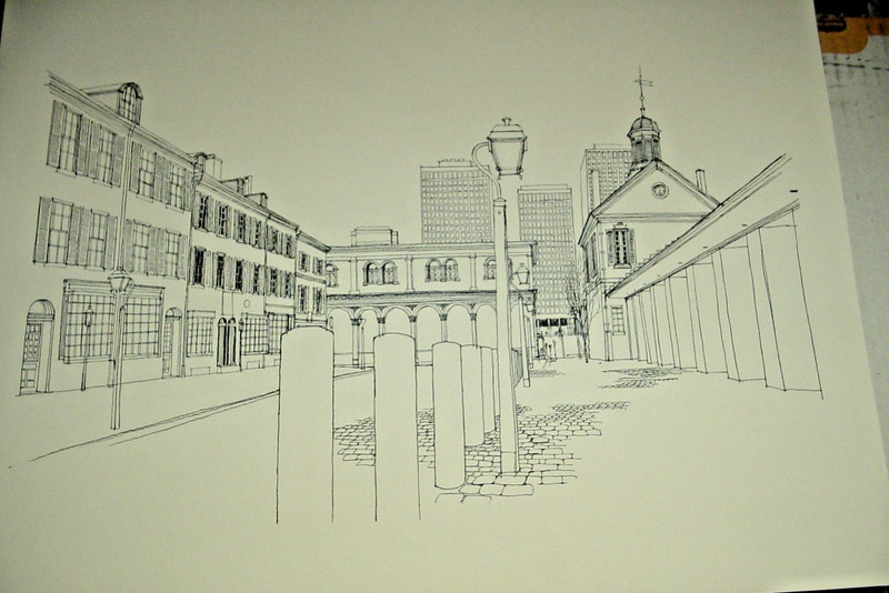 Philadelphia Cobblestone Street Scene Print Pen and Ink Architechtural Drawing
