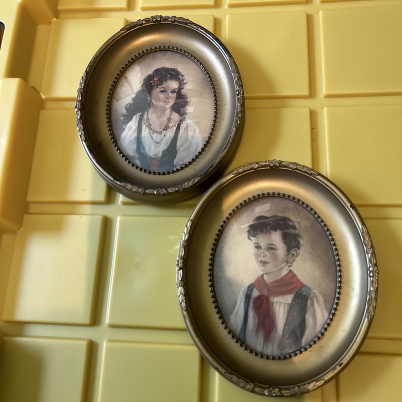 Vintage Oval Romany Gypsy Boy Girl Prints Gold Convex Glass Framed Wall Art Pair