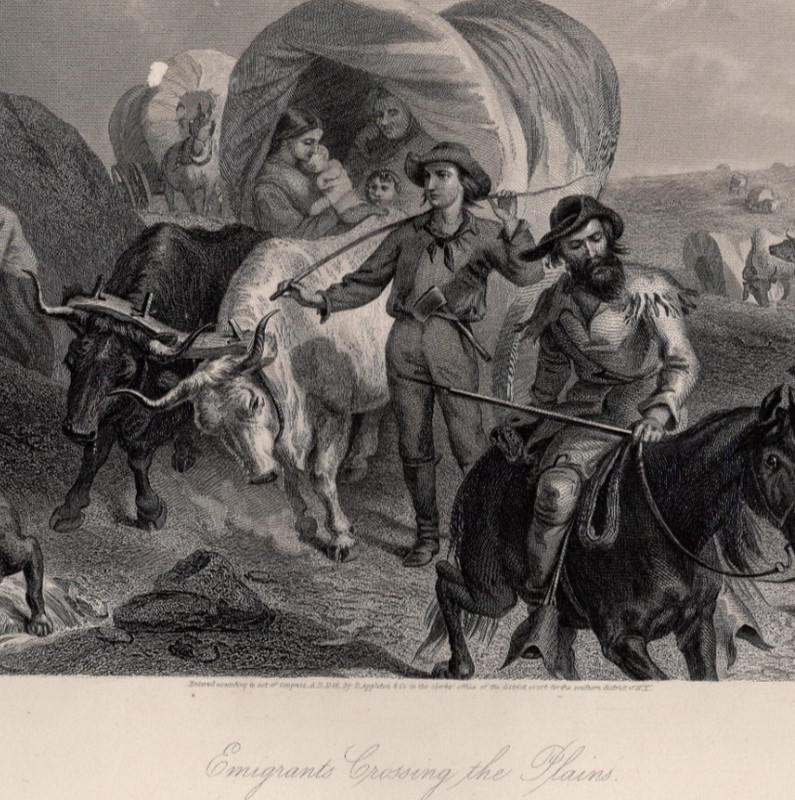 EMIGRANTS CROSSING THE PLAINS – Covered Wagons USA 1872 Antique Steel Engraving