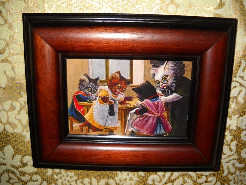 KITTENS TAUGHT TO SEW 3 1/2 X 5 blk/brown WOOD framed Victorian style art print