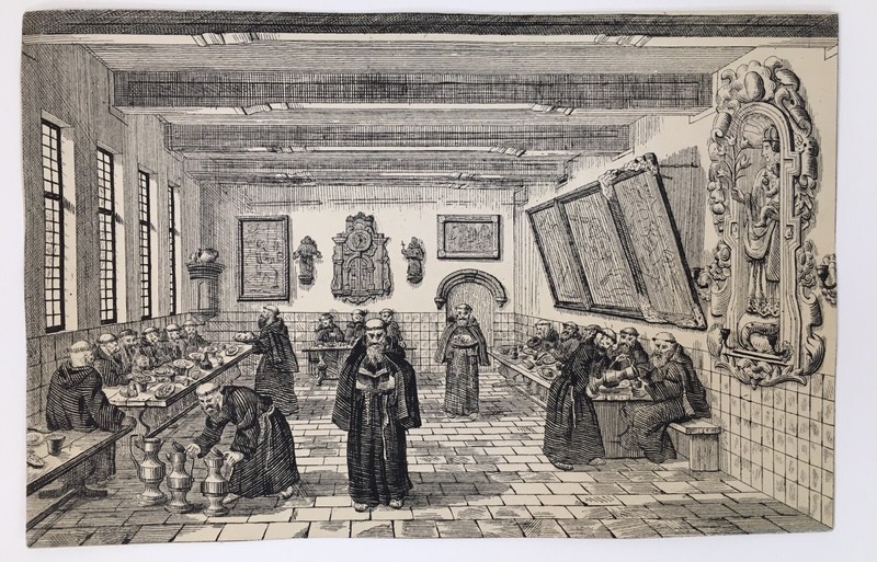 Antique Engraving Print 4" x 6" Monks in Seminary Unsure of Age Religious Art