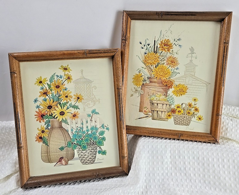 Vtg 70s Floral Framed Prints by Brad 9×11 Set 2 Boho Country Farmhouse Daisies