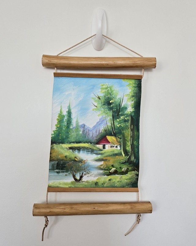 Painting-Serene Nature, House in the Mountains, by River (8 x 6.25 in)