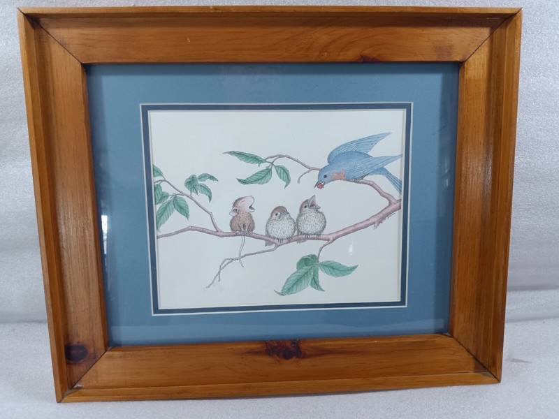 VTG 1980’s House Mouse Print Blue Matted 5×7 Ellen Jareckie Blue Bird On Branch