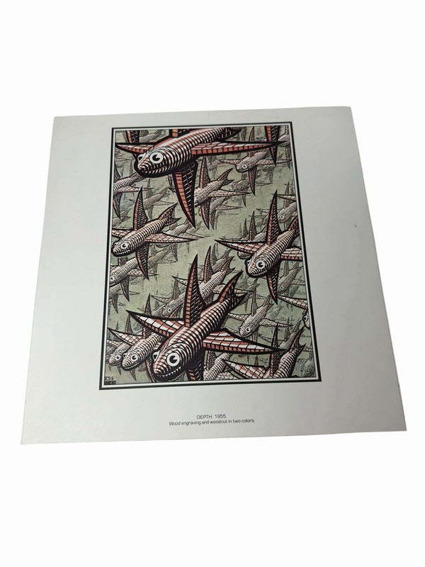 M.C. Escher Depth 1955 Vintage Art Print Woodcut Fish 1977 Calendar Page