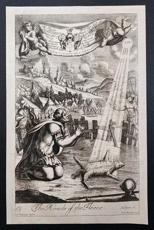 Antique 1690 Print - Miracle of the Fleece - Blome Bible Engraving - Judges 6
