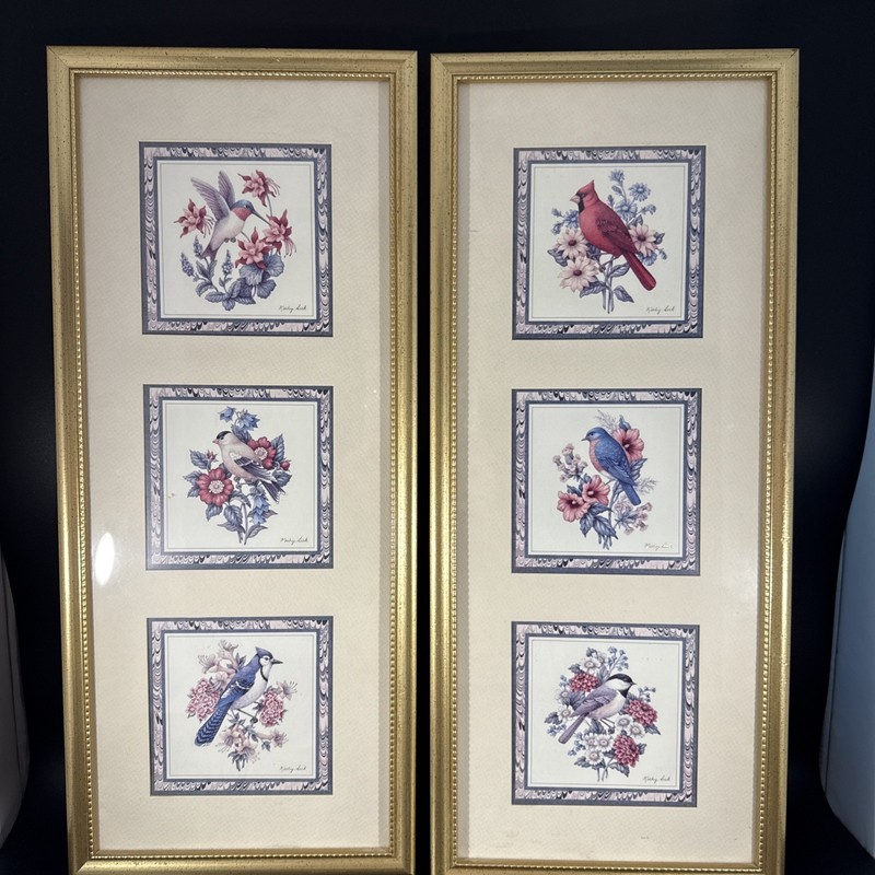 Set of 2 Heartfelt Collection 1995 Birds & Flowers 1&2 Framed Kathy Seek 9”X21”