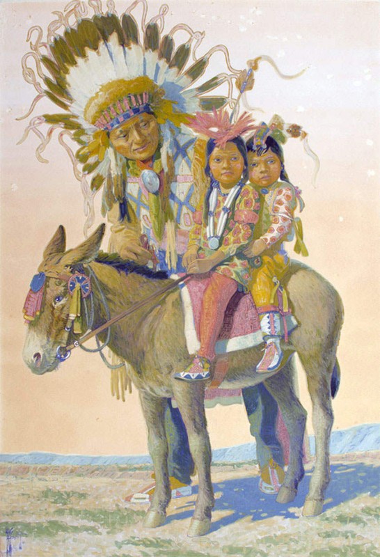 Native American Chief w Children on Donkey, by Herbert Herget