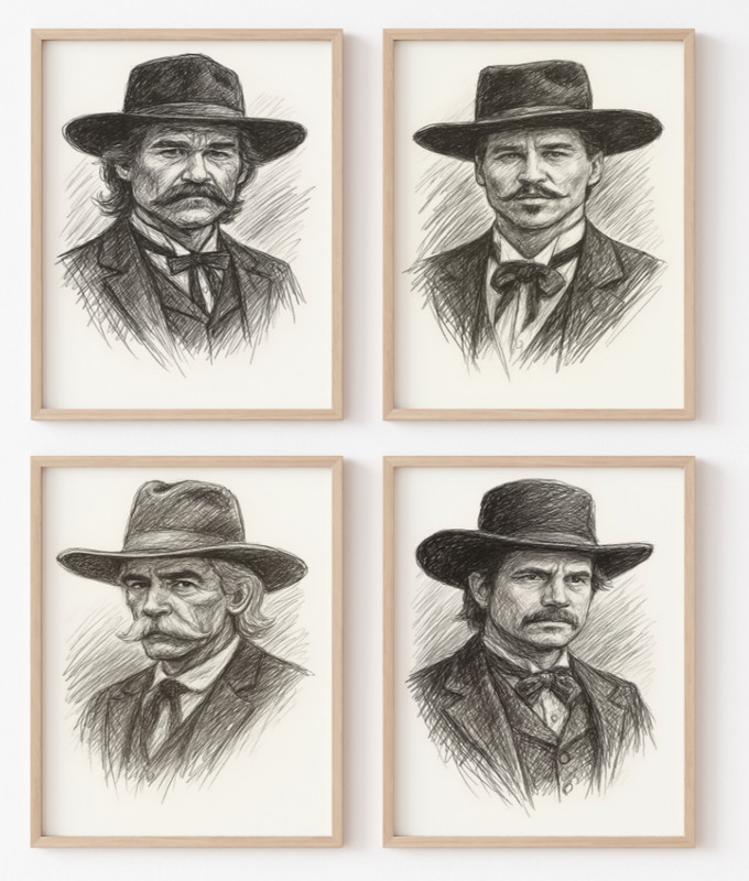 TOMBSTONE SET OF 4 DRAWING PRINTS PORTRAIT SKETCH 8″ x 10″ TOMBSTONE WALL ART
