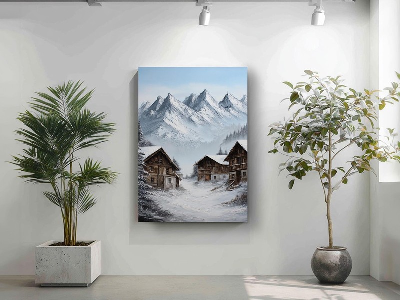 Winter Landscape Canvas Rustic Cabin Snowy Mountain Alpine Village Art gallery