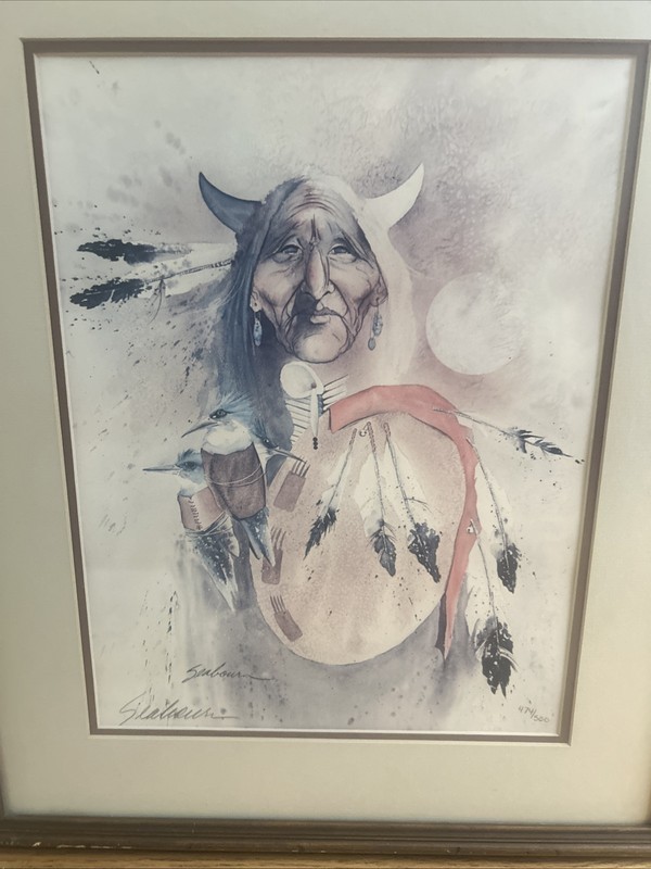 VINTAGE BERT SEABOURN SIGNED FRAMED FOREST WALKING PEOPLE PRINT 21 X 25 INCHES