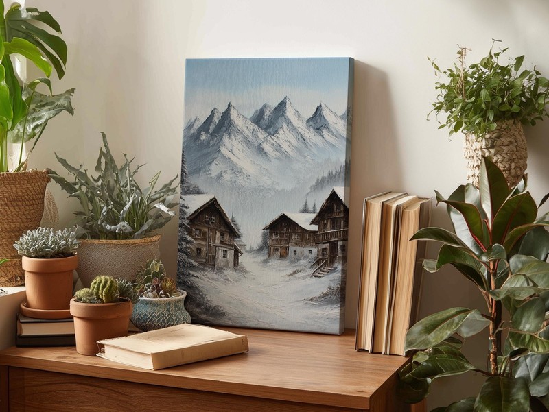 Winter Landscape Canvas Rustic Cabin Snowy Mountain Alpine Village Art gallery