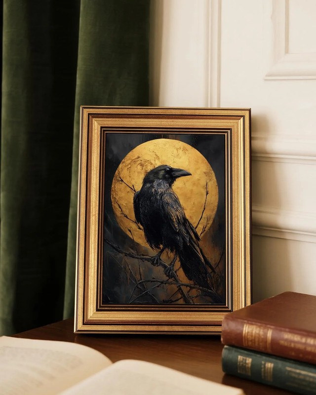Vintage Gold Framed Raven Wall Art 8x10 Inch Gothic Crow Illustration with Full gallery
