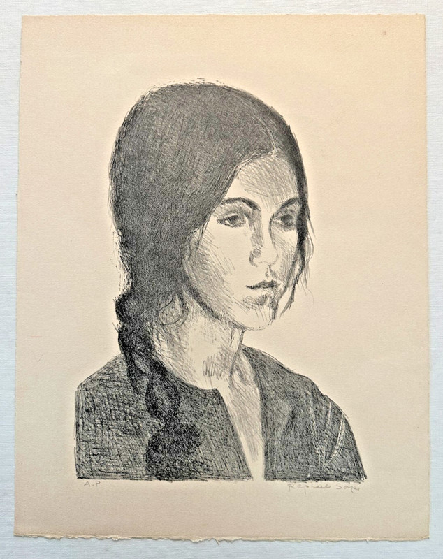 Raphael Soyer Signed A.P. Portrait Lithograph Young Woman Braided Hair 1976