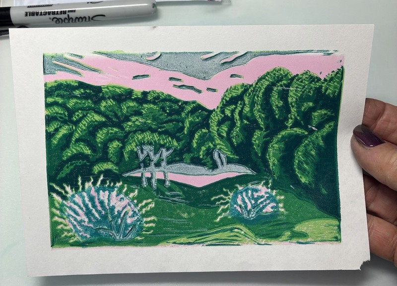 5" x 7" Reduction Linocut Print 8 Color Unframed “pond” #5/20 DSV gallery