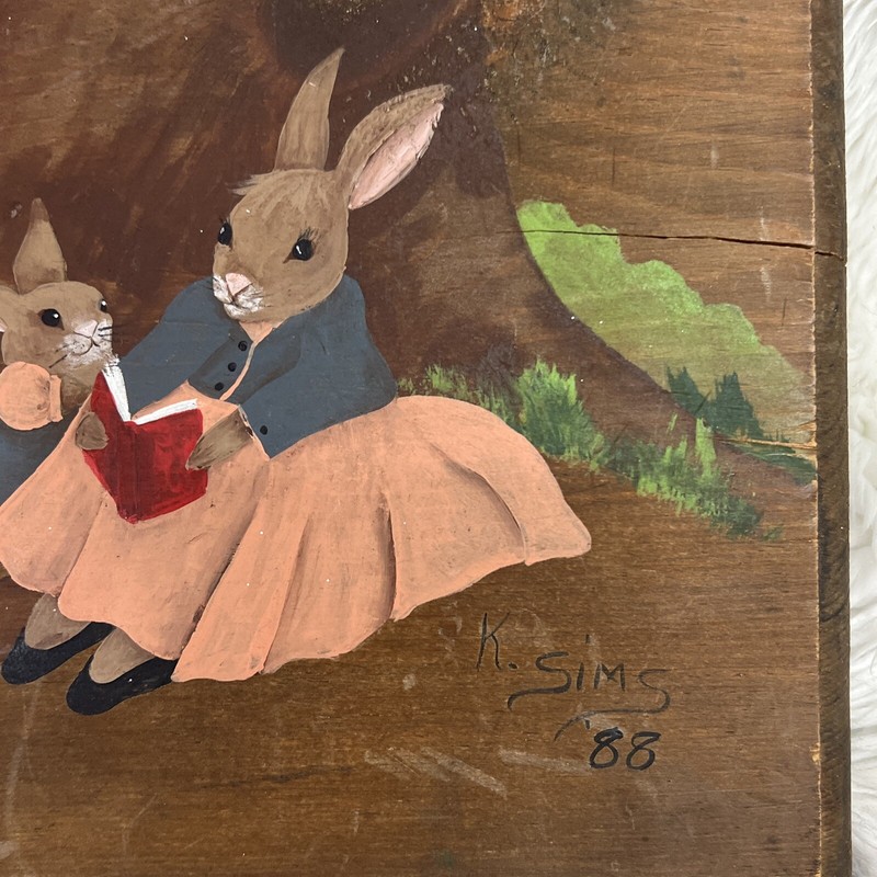 Original Vintage Folk Art By K. Sims 1988 Pink Bunny Paint On Wood 14x9x 2 gallery