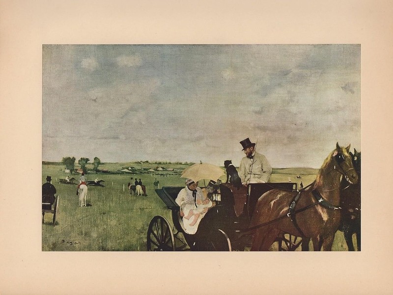 1951 Vintage DEGAS «A CARRIAGE AT THE RACES» HORSES COLOR Art Print Lithograph