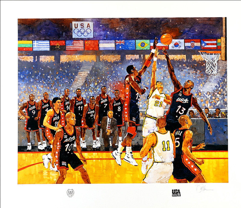 BART FORBS SIGNED 1996 OLYMPIC DREAM TEAM O’NEAL BARKLEY..28×33 LITHOGRAPH (COA)