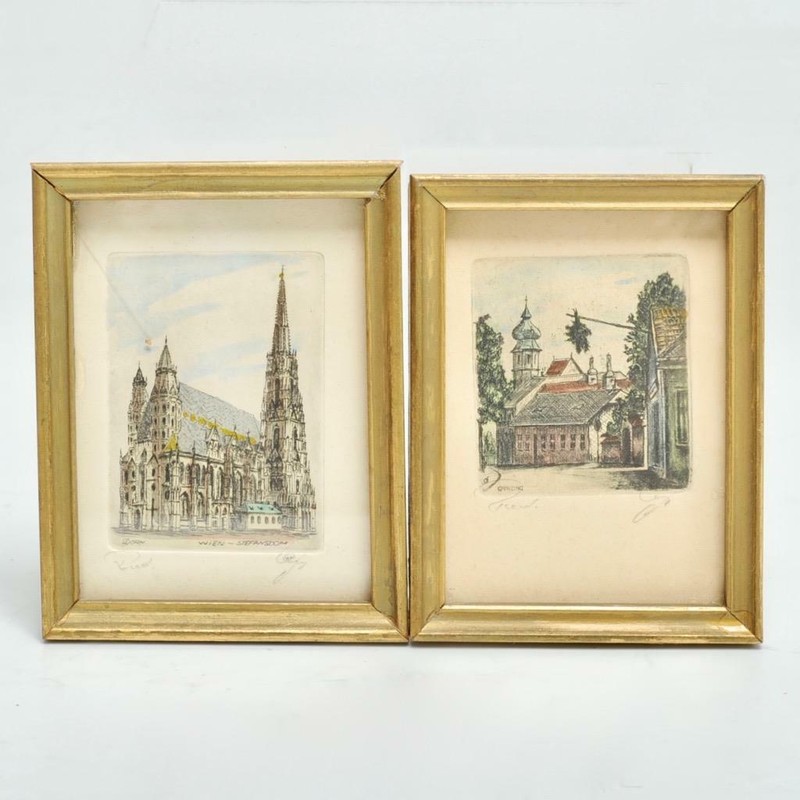 PAIR MINIATURE COLOR ETCHINGS AUSTRIA SCENES "GRINZING & STEFANSDOM", SIGNED