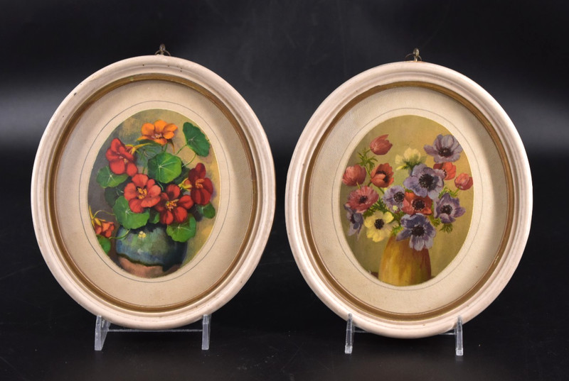 VTG Oval Framed Set of 2 Floral Prints 6.5″x5.75″ Miniature Small Gallery Wall
