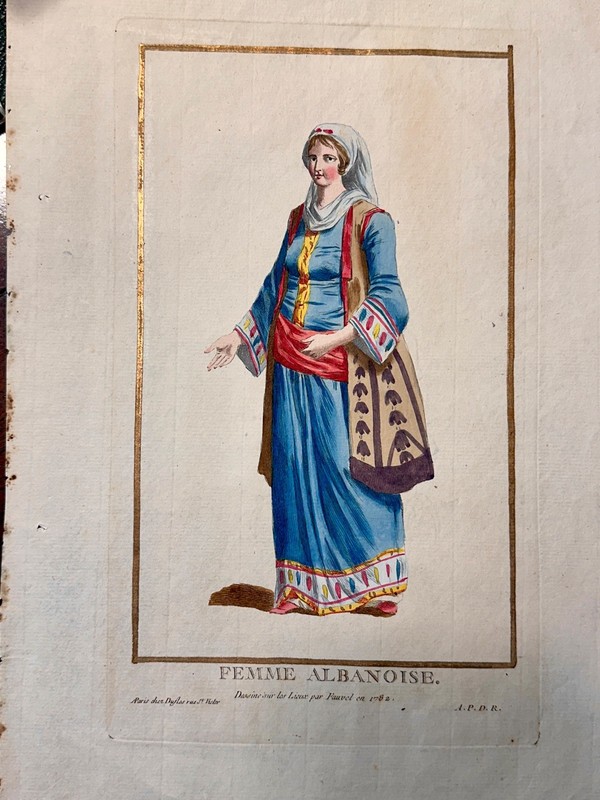1787 PIERRE DUFLOS HAND-ILLUMINATED ENGRAVING w GOLD FEMME ALBANOISE FAUVEL 1782