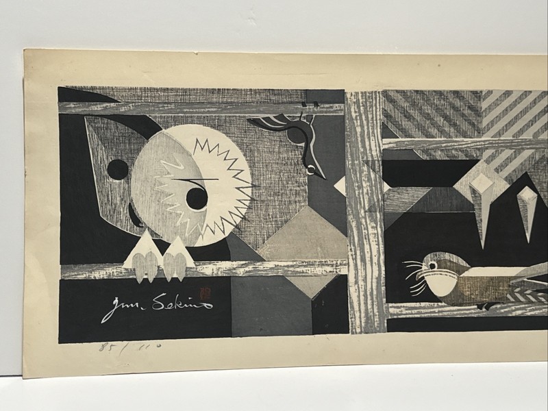 Junichiro Sekino Woodblock Print Rare Mid Century Modernist ABSTRACT BIRD Large gallery