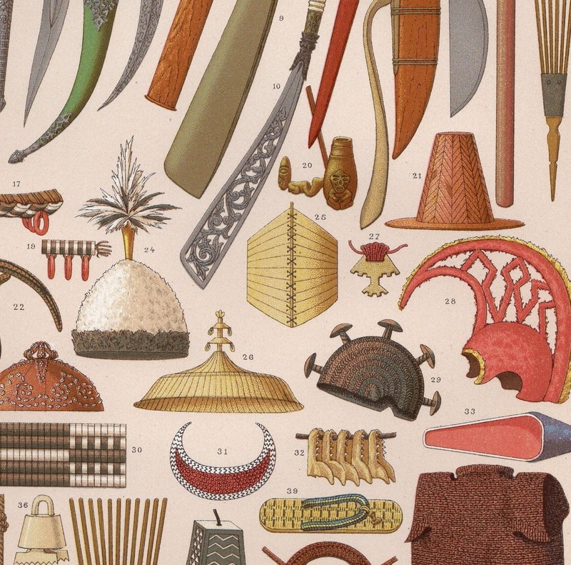 OCEANIC WEAPONS & REGALIA – RACINET PLATE – 1876 Antique Chromolithograph