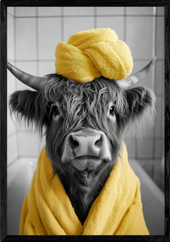 Highland Cow Funny Bathroom A4 A3 Wall Art Print Poster Yellow Bathrobe