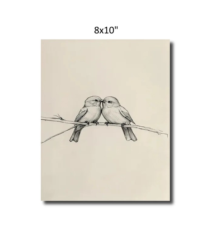 Birds in Love on a Branch Vintage Sketch Print | Bird Sketch Drawing Bedroomb