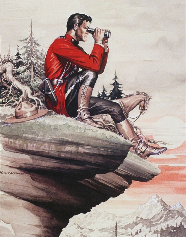 Canadian Mountie On Cliff with Horse and Binoculars
