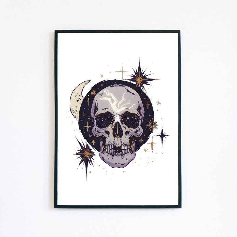 Skull Gothic Moon Star Tattoo Graphic Illustration 7×5 Home Decor Wall Art Print