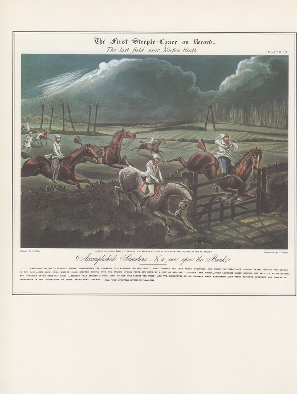 1974 Vintage HORSE RACE «THE FIRST STEEPLE CHASE ON RECORD» COLOR Art Lithograph