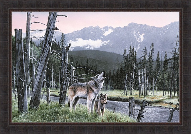 WOLF AND PUP by Kevin Daniel 28×40 Wolves Wildlife FRAMED WALL ART PICTURE