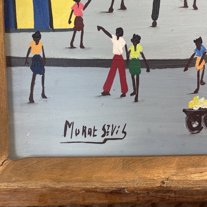 Vintage Murat St. Vil, Haitian Seaside, Acrylic Board, signed, handcarved frame gallery