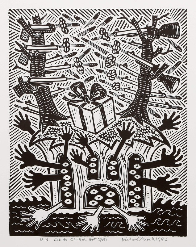 Richard Mock, UN Aid to Global Hot Spots, Linocut on BFK Rives, signed, titled,